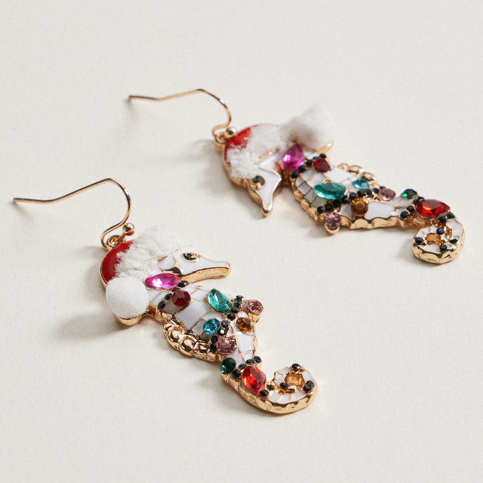 Enamel Santa Seahorse Earrings | Rhinestone Holiday Dangle Earrings