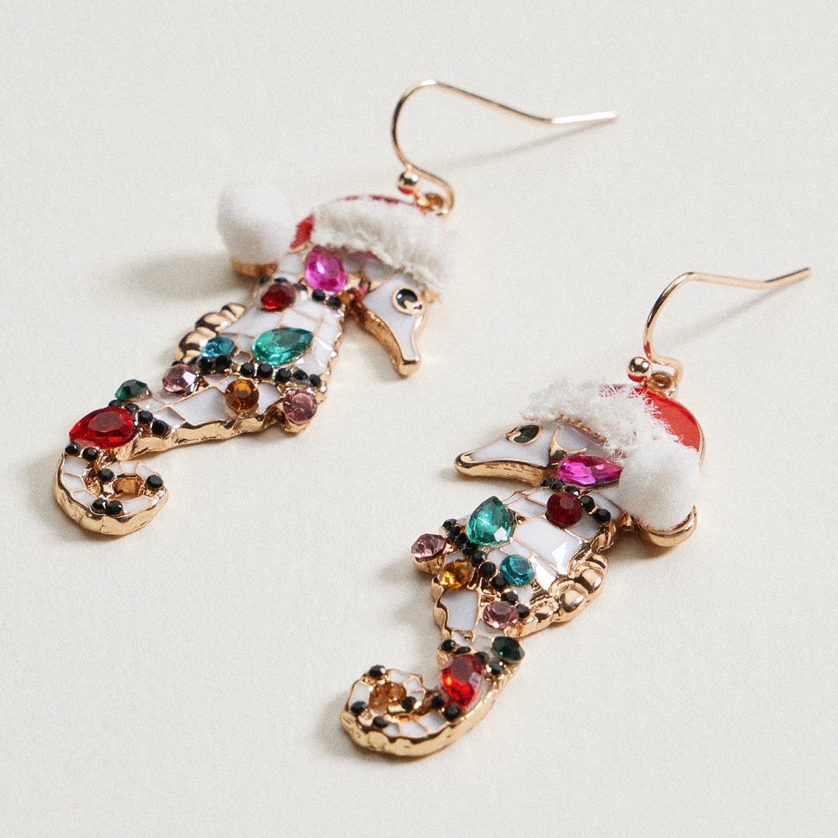Enamel Santa Seahorse Earrings | Rhinestone Holiday Dangle Earrings