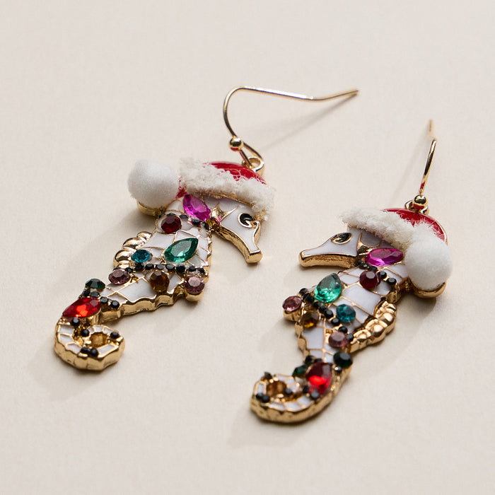 Festive Rhine Stone Seahorse Drop Earrings