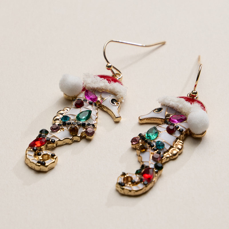 Festive Rhine Stone Seahorse Drop Earrings