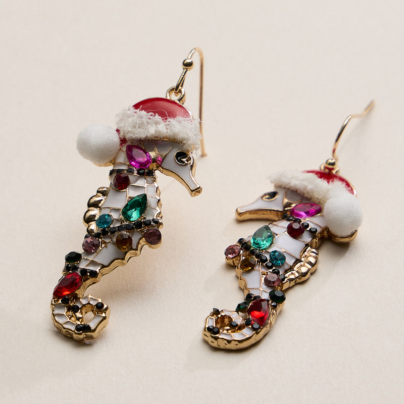 Festive Rhine Stone Seahorse Drop Earrings