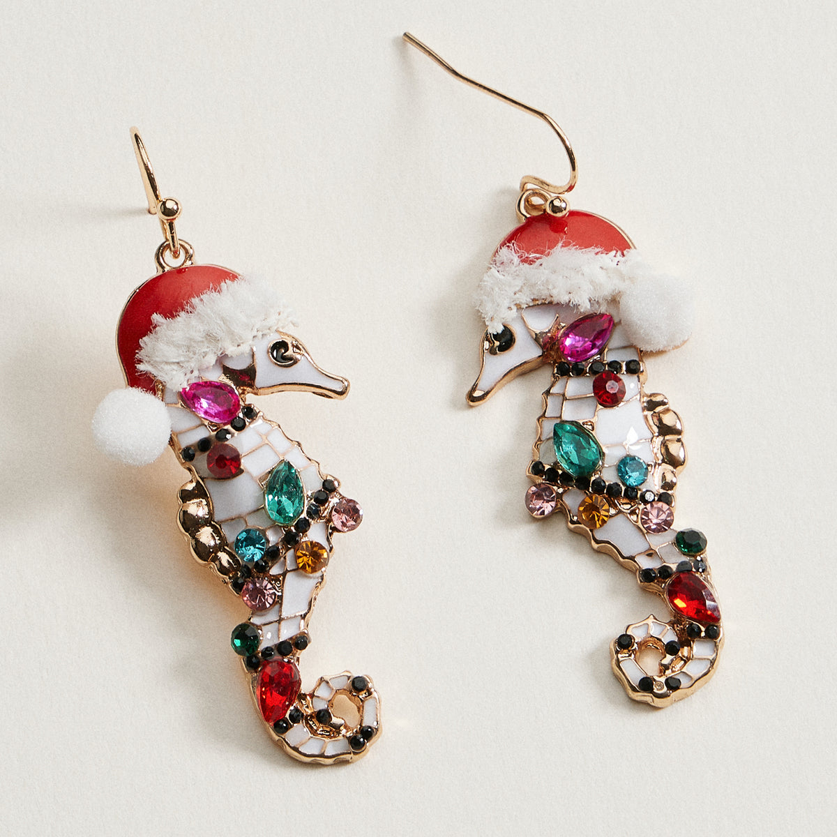 Enamel Santa Seahorse Earrings | Rhinestone Holiday Dangle Earrings