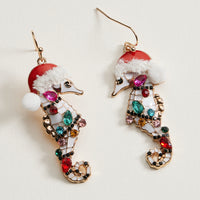 Enamel Santa Seahorse Earrings | Rhinestone Holiday Dangle Earrings