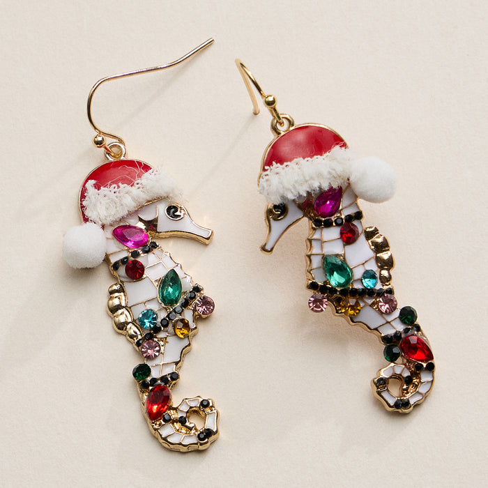 Festive Rhine Stone Seahorse Drop Earrings