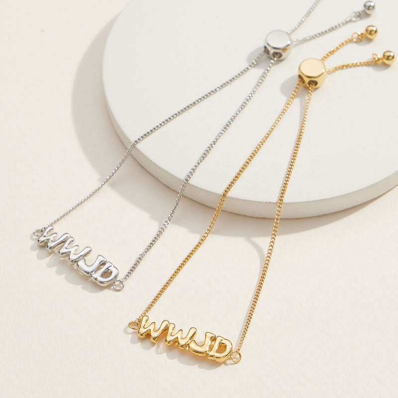WWJD Adjustable Bracelet in 18K Gold Dipped or White Gold - Faith-Inspired Jewelry