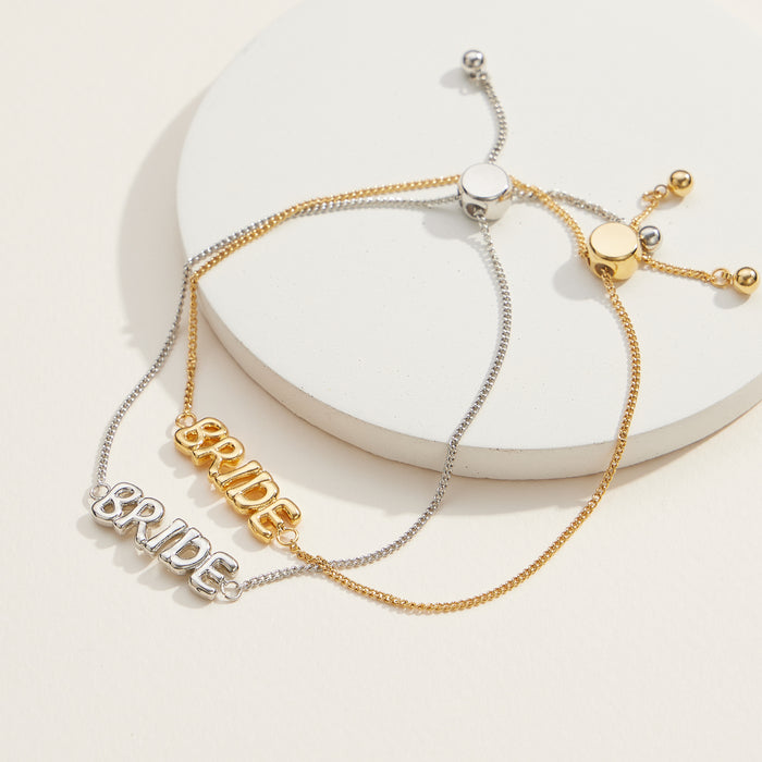 Bride Script Adjustable Bracelet in 18K Gold Dip or White Gold – Wedding Jewelry