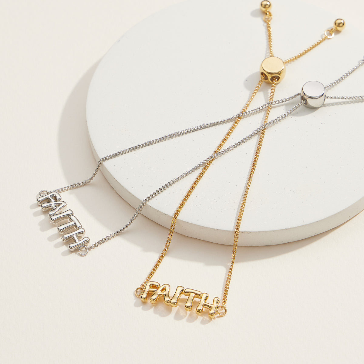 Faith Script Adjustable Bracelet in 18K Gold Dip or White Gold– Inspirational Jewelry