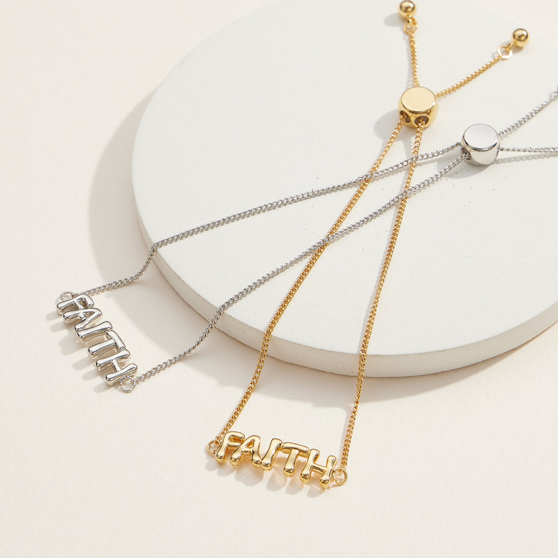 Faith Script Adjustable Bracelet in 18K Gold Dip or White Gold– Inspirational Jewelry