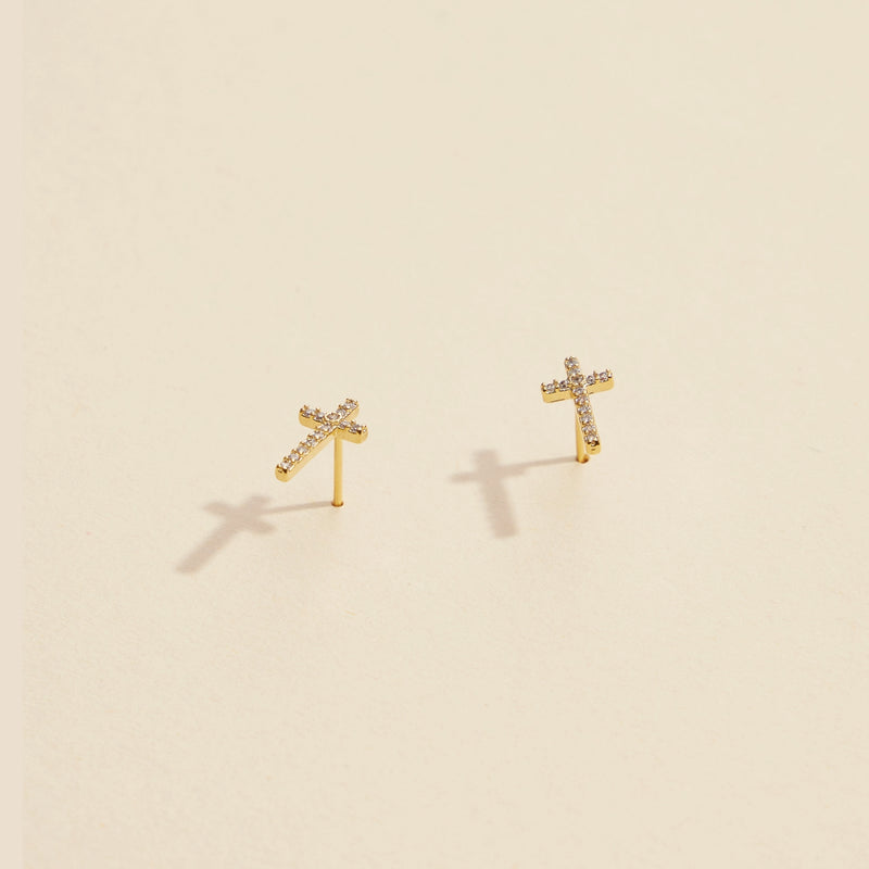 Cross Rhinestones Gold Dip Stud Earrings