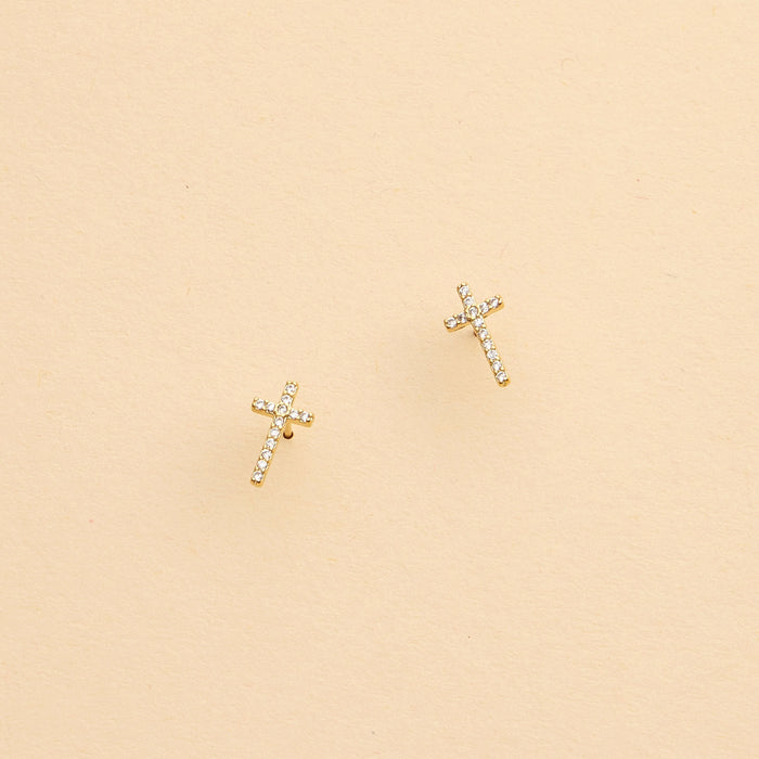 Cross Rhinestones Gold Dip Stud Earrings