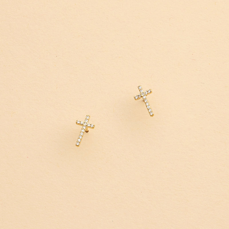 Cross Rhinestones Gold Dip Stud Earrings