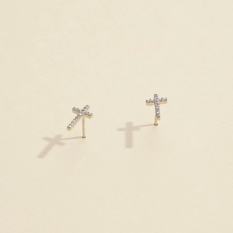 Cross Rhinestones Gold Dip Stud Earrings