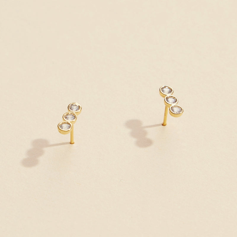 Three Linked Rhinestones Gold Dip Stud Earrings