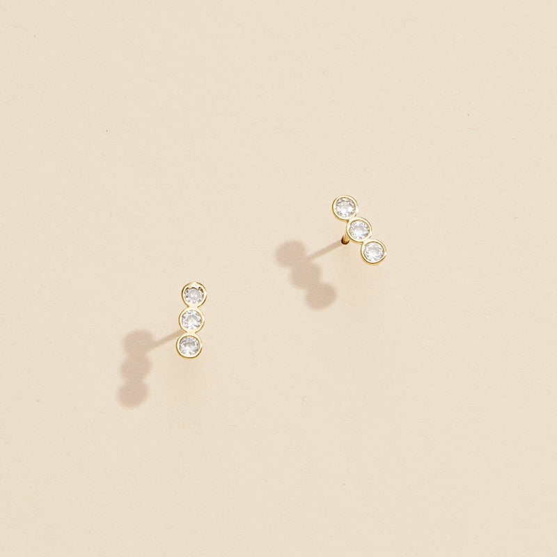 Three Linked Rhinestones Gold Dip Stud Earrings