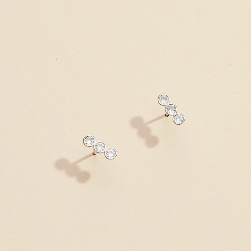 Three Linked Rhinestones Gold Dip Stud Earrings