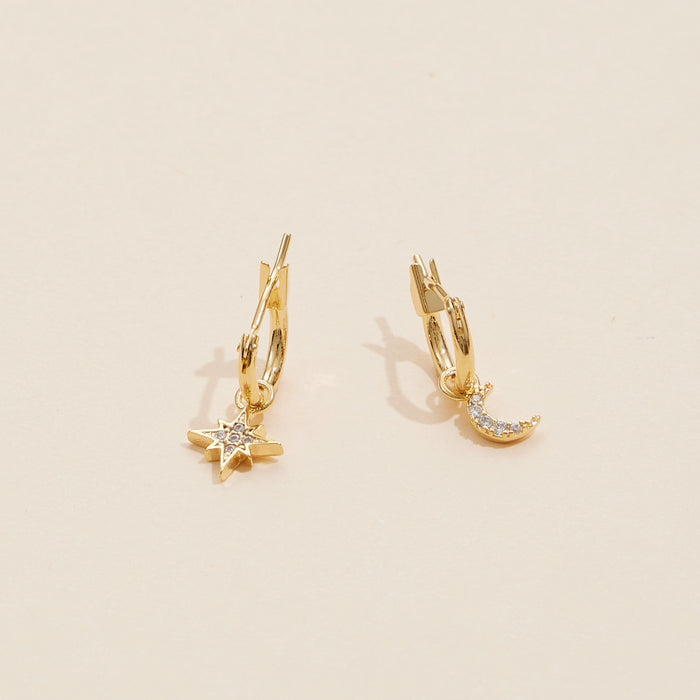 Northern Star & Moon 18K Gold Dip Basic Hoop Earrings