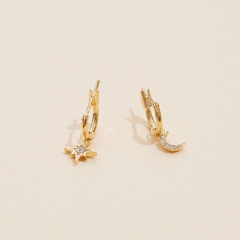 Northern Star & Moon 18K Gold Dip Basic Hoop Earrings