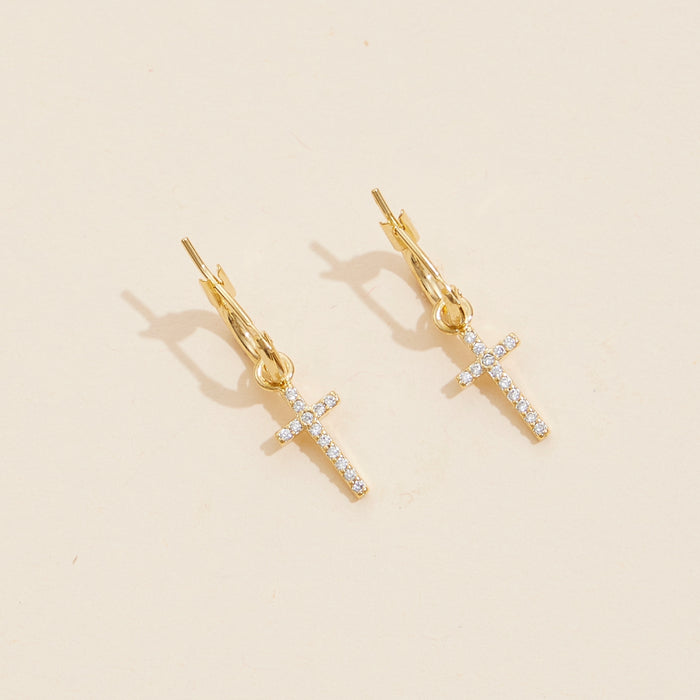 18K Gold Dipped CZ Cross Hoop Earrings