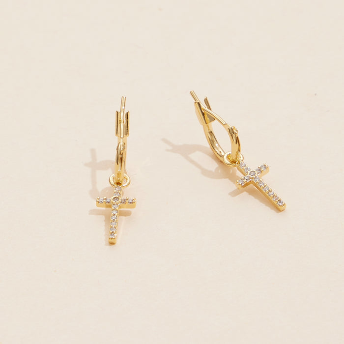 18K Gold Dipped CZ Cross Hoop Earrings
