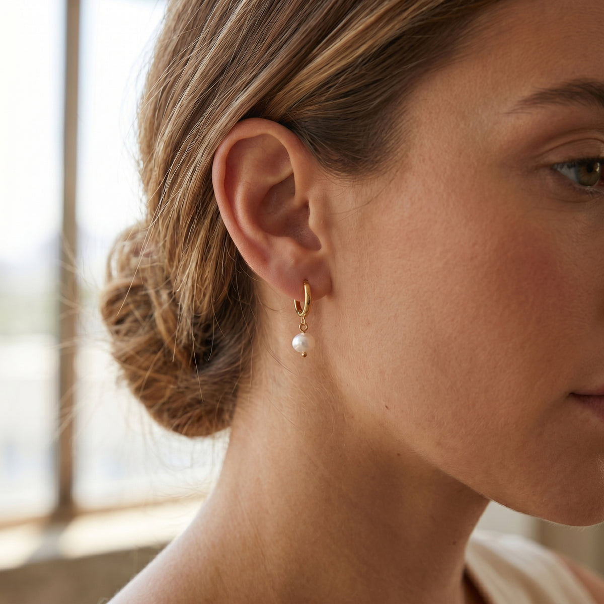 18K Gold Dipped Faux Freshwater Pearl Hoop Earrings