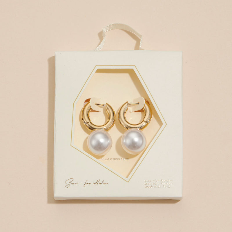 Pearl Charm 18K Gold Dip Chunky Hoop Earrings