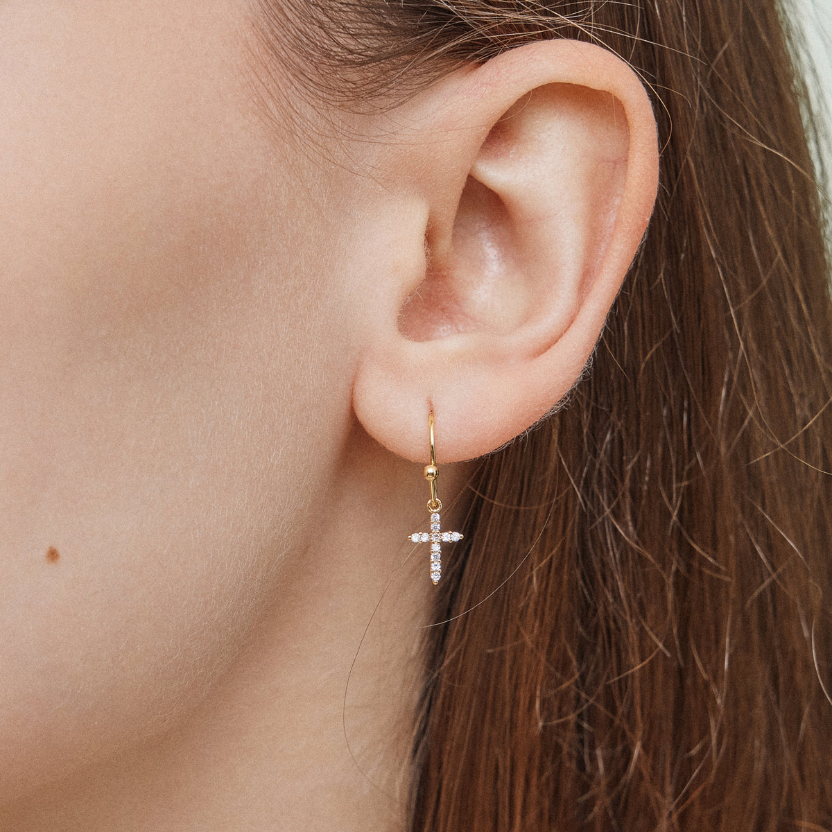 CZ Cross Gold Dip Dangling Earrings
