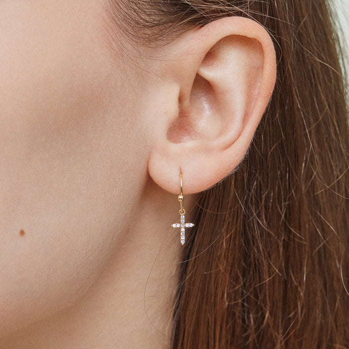 CZ Cross Gold Dip Dangling Earrings
