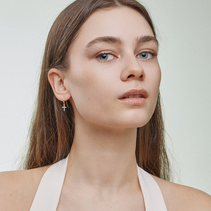 18K Gold Dipped CZ Cross Huggie Earrings | Faith Jewelry