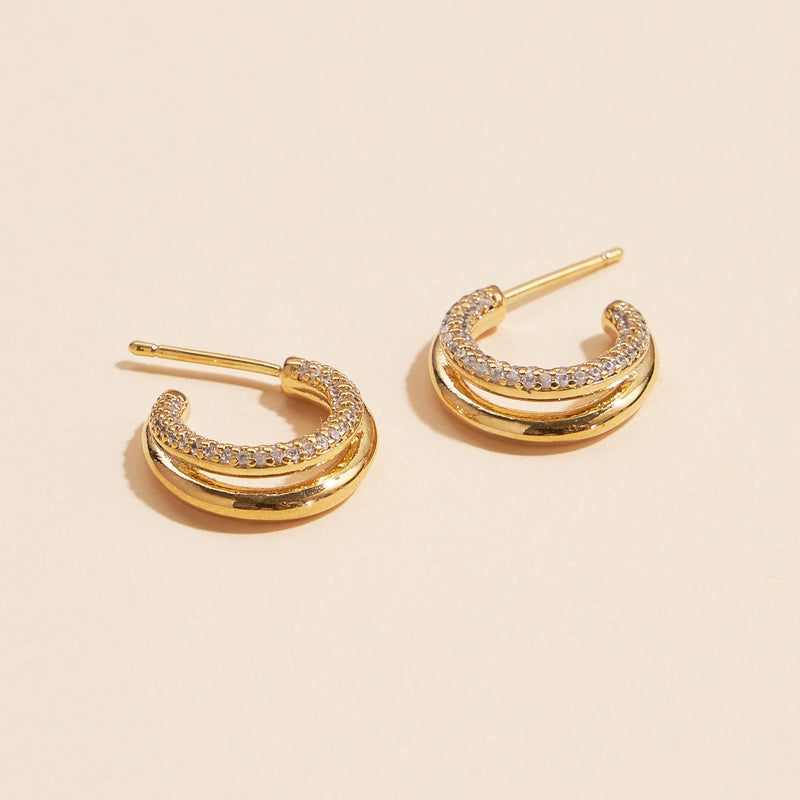 Layered 18K Gold Dip CZ Open Hoop Earrings