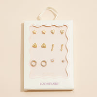 18K Gold-Dipped Stud Earrings with Stars, Hearts, and Crystals 6 Unique Designs Earring Set – 12-Piece