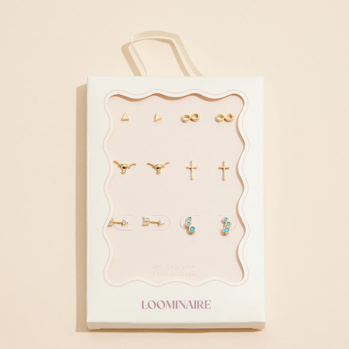 18K Gold-Dipped Stud Earrings with Crosses, Arrows, and Turquoise Accents