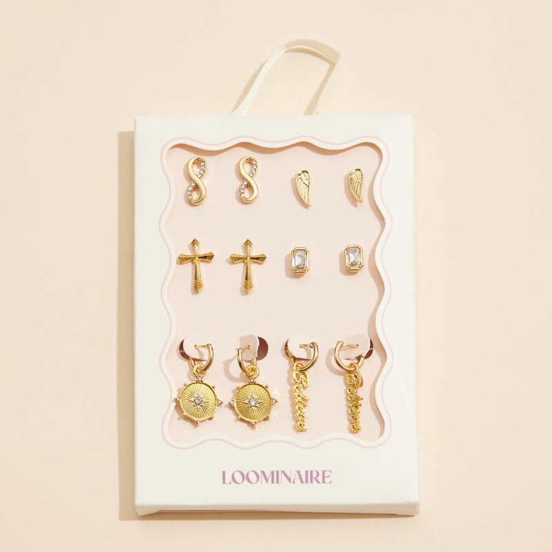 12-Piece Gold Earring Set – Cross, Wing, Infinity & Compass Jewelry Collection (18K Gold Dipped)