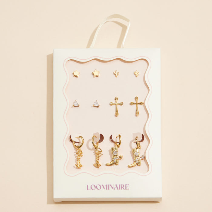 12-Piece Gold Earring Set – Star, Cactus, Cross & Western Charm Collection (18K Gold Dipped)