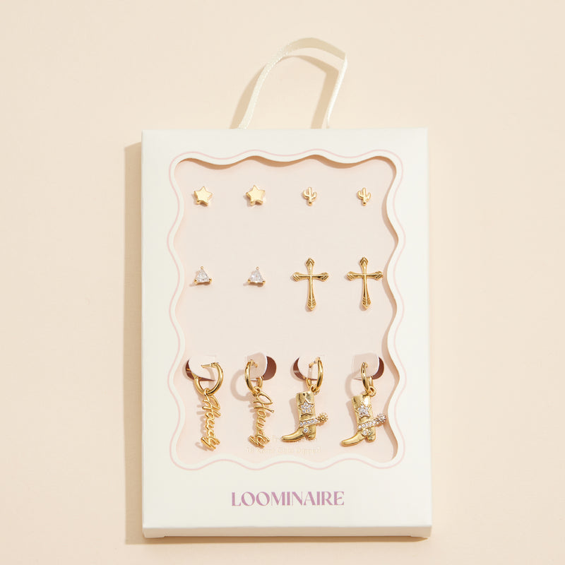 12-Piece Gold Earring Set – Star, Cactus, Cross & Western Charm Collection (18K Gold Dipped)