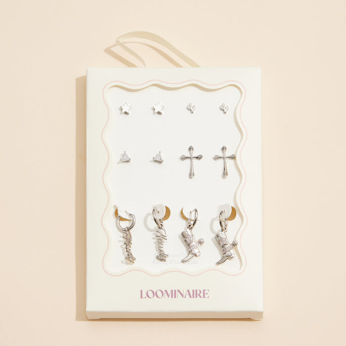 12-Piece Gold Earring Set – Star, Cactus, Cross & Western Charm Collection (18K Gold Dipped)