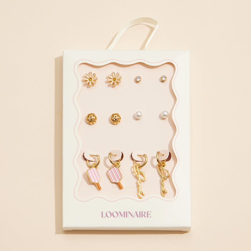 12-Piece Gold Earring Set – Daisy, Pearl, Pickle Ball, & Charm Hoop Collection (18K Gold Dipped)
