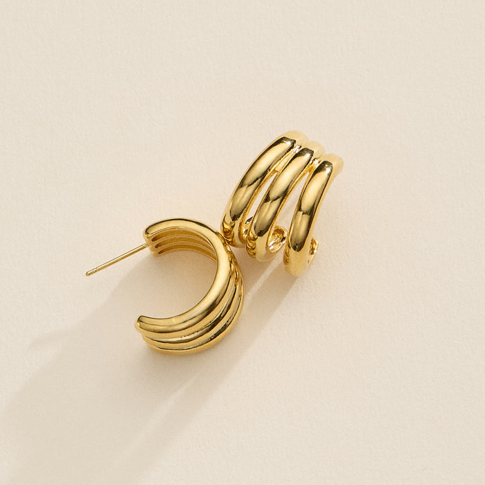 Small Chunky Triple-Ring Hoop Earrings – 18K Gold Dipped & Silver-Tone Bold Huggie Hoops