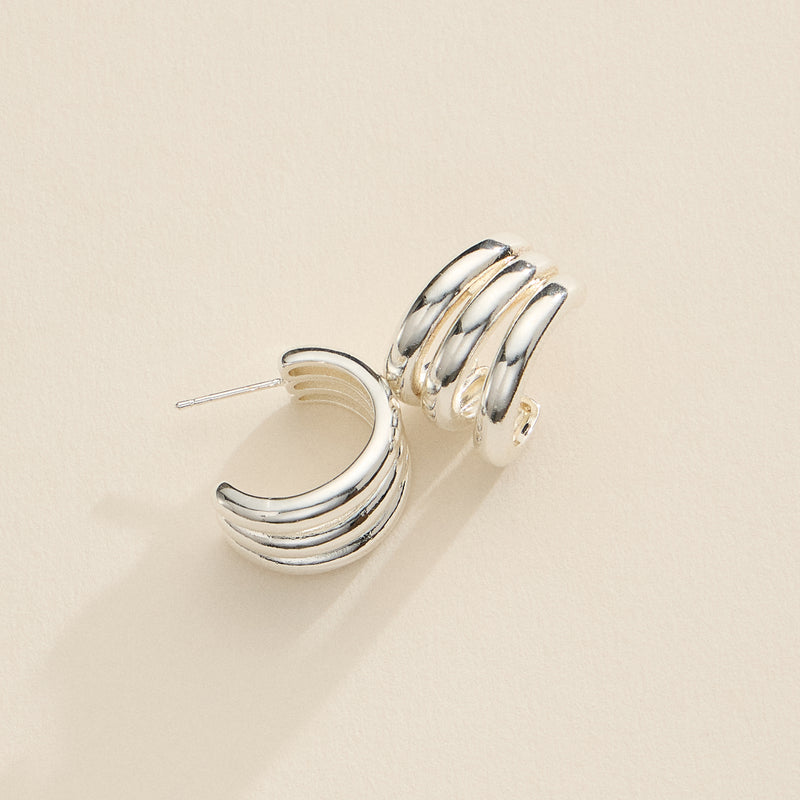 Small Chunky Triple-Ring Hoop Earrings – 18K Gold Dipped & Silver-Tone Bold Huggie Hoops