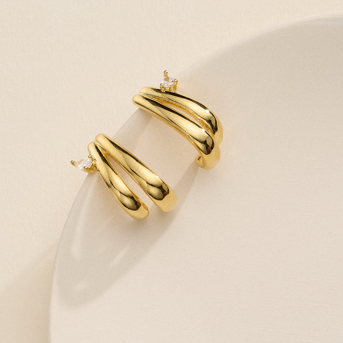 Gold-Dipped Double Band Hoop Earrings with CZ Stone – Modern Stacked Hoops-18K Gold Dipped