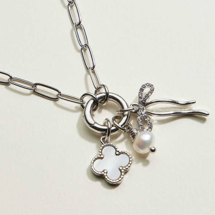Bow Clover Pearl Charm Link Necklace | Gold-dipped Jewelry