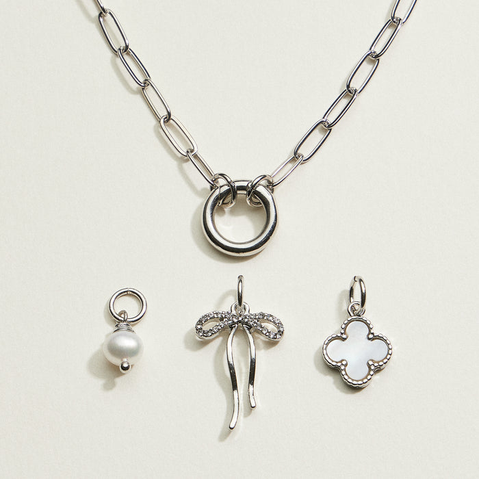 Bow Clover Pearl Charm Link Necklace | Gold-dipped Jewelry