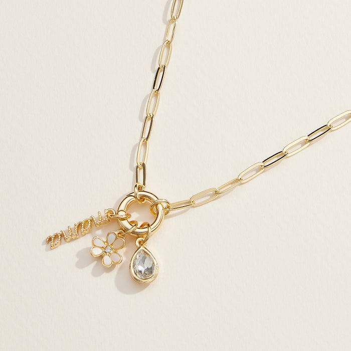 Silver Chain "Mama" Gold Dipped 18k Teardrop and Flower Charm Necklace