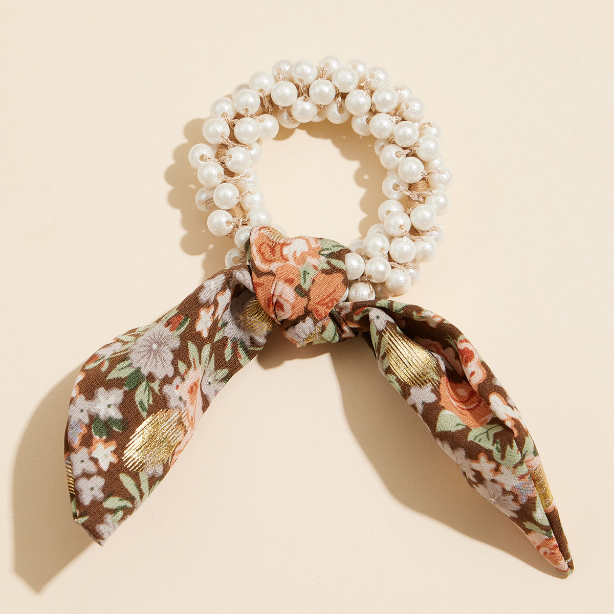 Pearl Beaded Hair Tie with Floral Scarf Accent