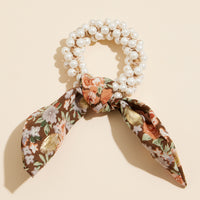Pearl Beaded Hair Tie with Floral Scarf Accent