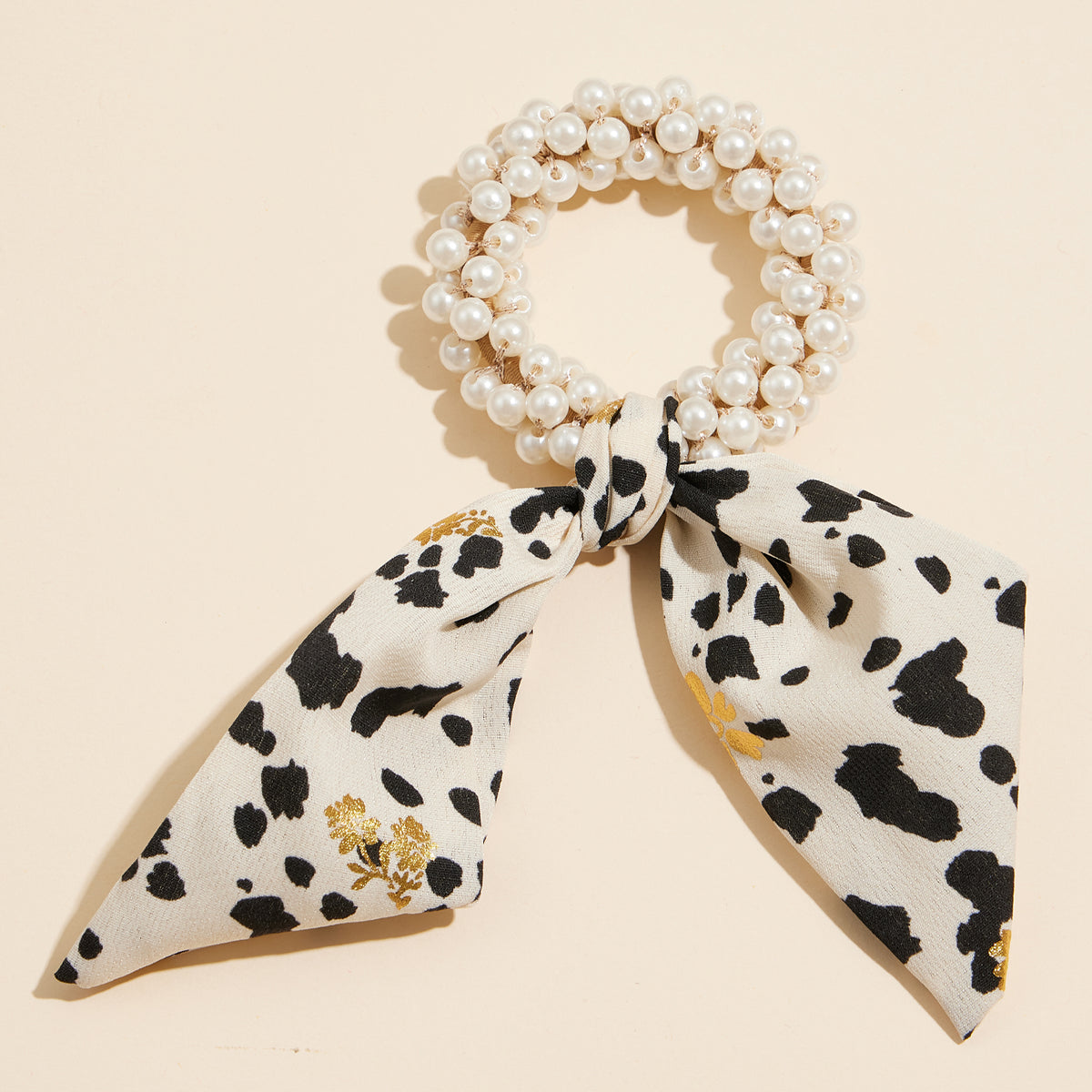 Pearl Beaded Hair Tie with Floral Scarf Accent