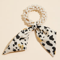 Pearl Beaded Hair Tie with Floral Scarf Accent