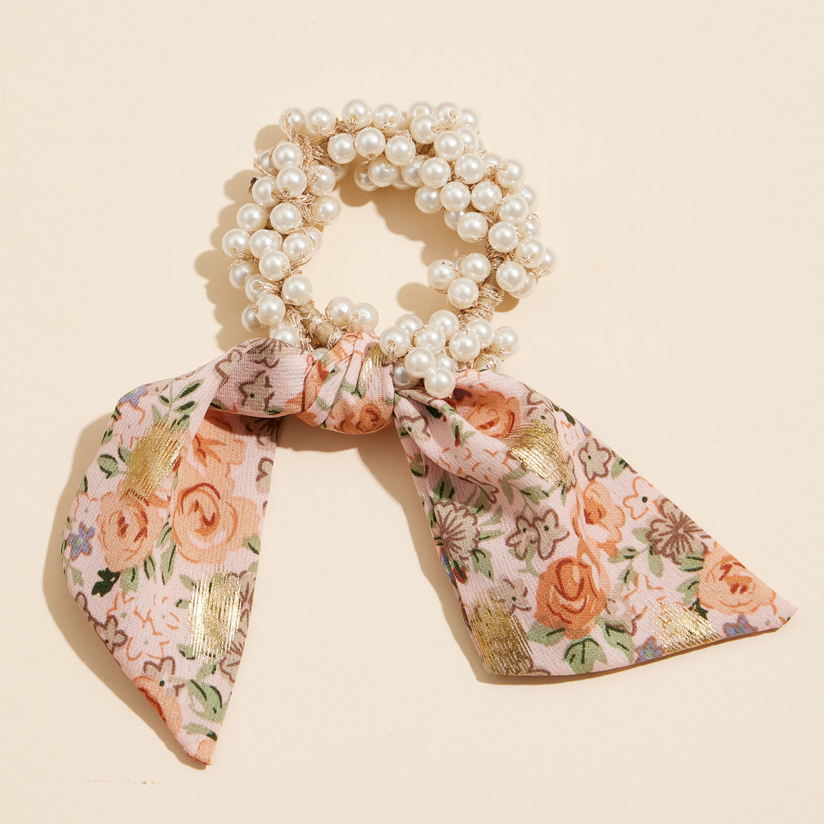 Pearl Beaded Hair Tie with Floral Scarf Accent