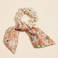 Pearl Beaded Hair Tie with Floral Scarf Accent