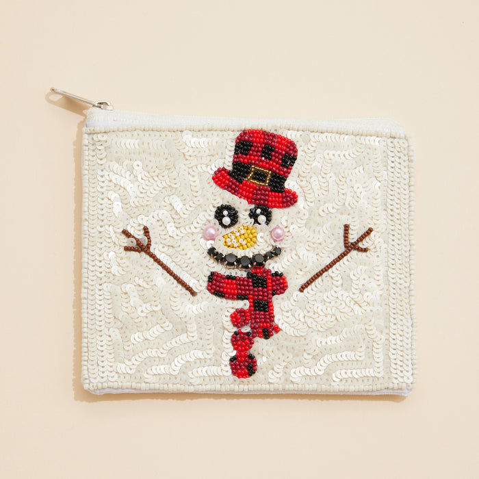 Christmas Snow Man Seed Beaded Coin Pouch