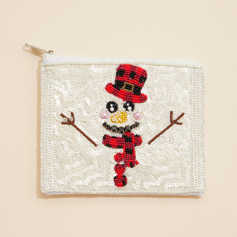 Christmas Snow Man Seed Beaded Coin Pouch